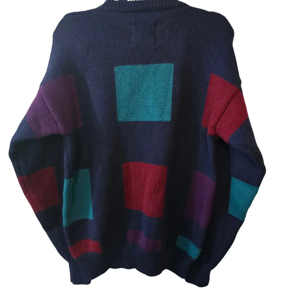 London Fog Vintage 90s Wool Sweater Large Navy Colorblock Geometric Chunky Knit‎